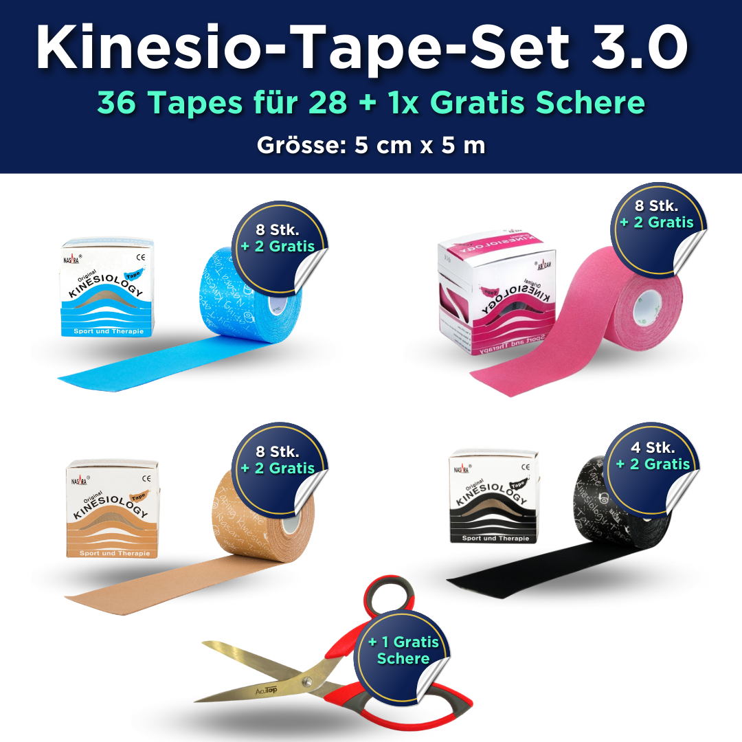 Kinesio-Tape-Set 3.0 - 36 Tapes für 28 + 1x Gratis Sc﻿here - 5 cm x 5 m